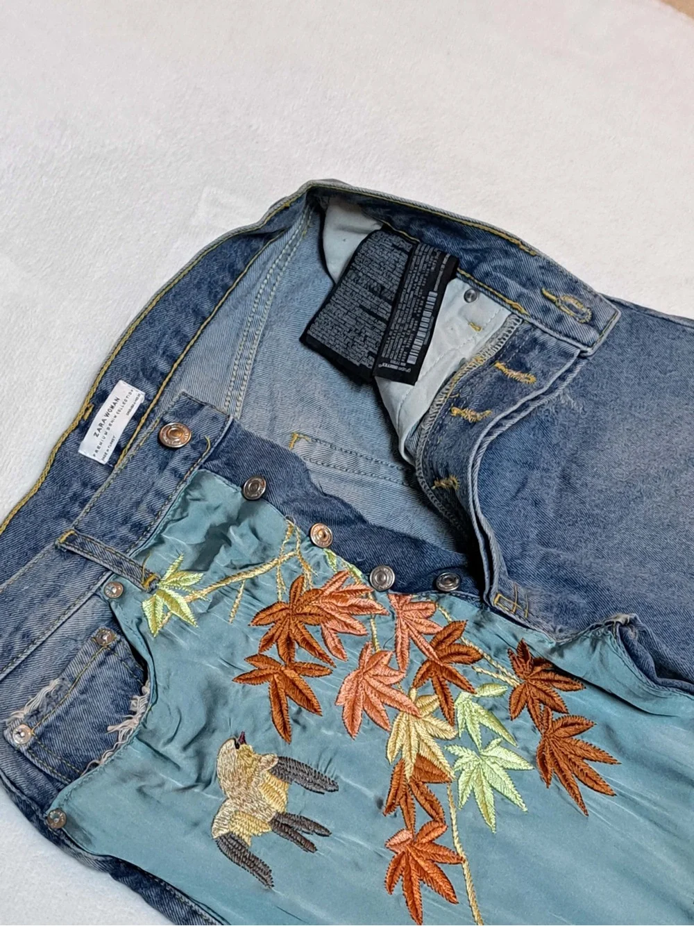 Zara Premium High-waist Cropped Denim and Satin Embroidery Panel Jeans